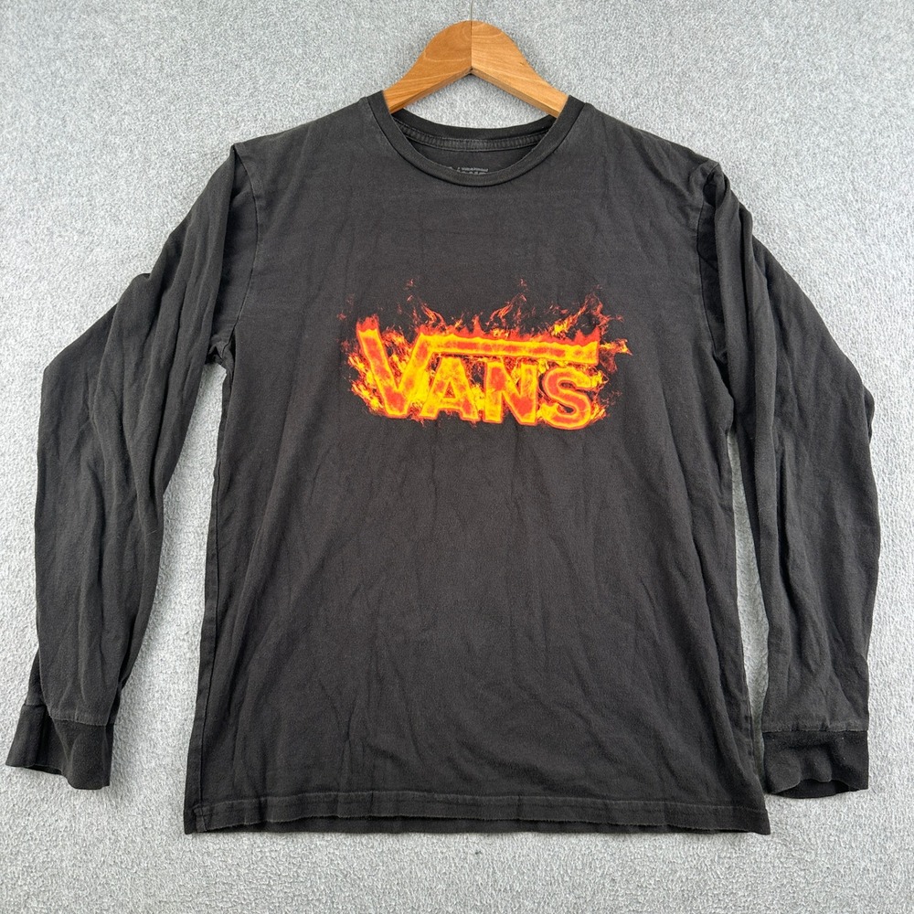 Vans T-Shirt Mens M Classic Fit Black Flame Logo Graphic Long Sleeve Cotton
